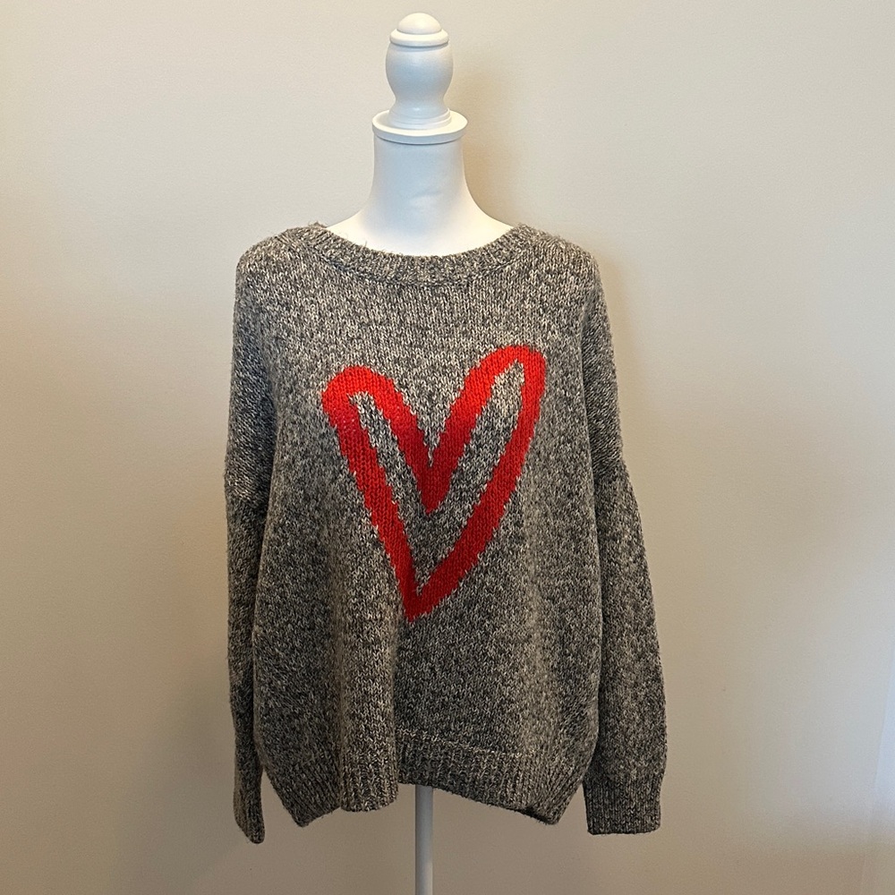 LOFT Gray Sweater with Red Heart Accent